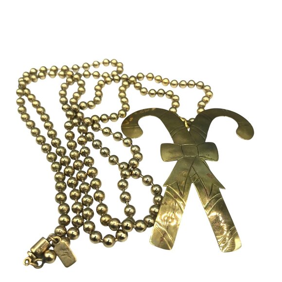 Retired Jeep Collins Hammered Brass Candy Cane Pendant Necklace, Designer Signed - Picture 5 of 7